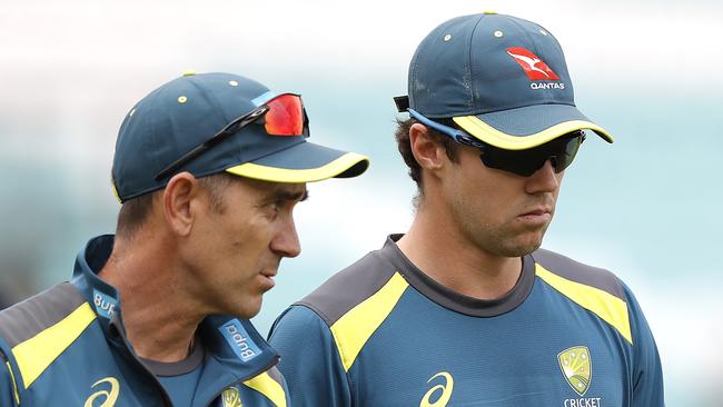 Travis Head is told by Australian coach Justin Langer he is dropped for the final 2019 Ashes Test at The Oval. Picture: Ryan Pierse/Getty