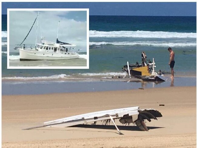 A boat was smashed to pieces by waves in just one night near Double island Point on the weeknd. Photos : Clayton's Towing