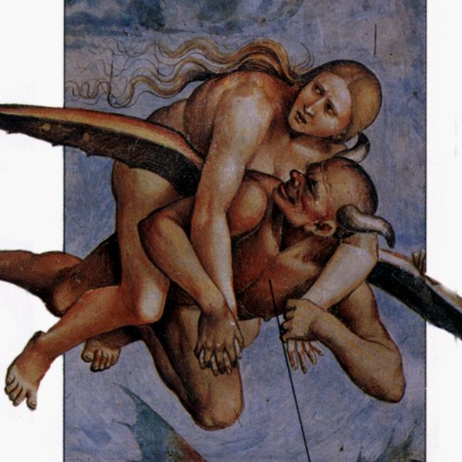 The damned soul of a sinful woman is carried down to hell by an incubus in painting by Luca Signorelli.