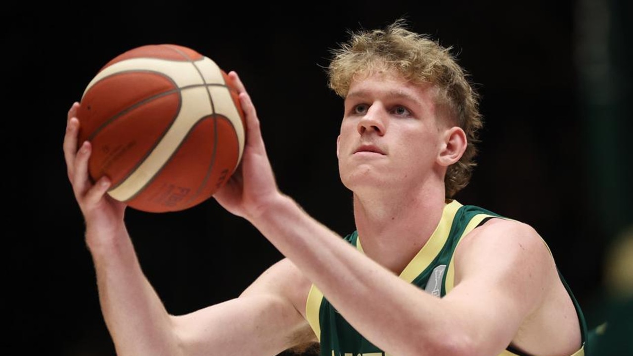 BENDIGO, AUSTRALIA - FEBRUARY 22: Rocco Zikarsky of Australia warms up before the FIBA Asia Cup 2025 Qualifying match between Australia Boomers and Korea at Red Energy Arena on February 22, 2024 in Bendigo, Australia. (Photo by Daniel Pockett/Getty Images)