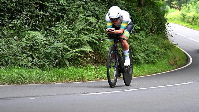 STIRLING, SCOTLAND – AUGUST 10: Felicity Wilson-Haffenden of Australia sprints during the Women Junior Individual Time Trial a 13.4km race from Stirling to Stirling at the 96th UCI Cycling World Championships Glasgow 2023, Day 8 / #UCIWT / on August 10, 2023 in Stirling, Scotland. (Photo by Dario Belingheri/Getty Images)