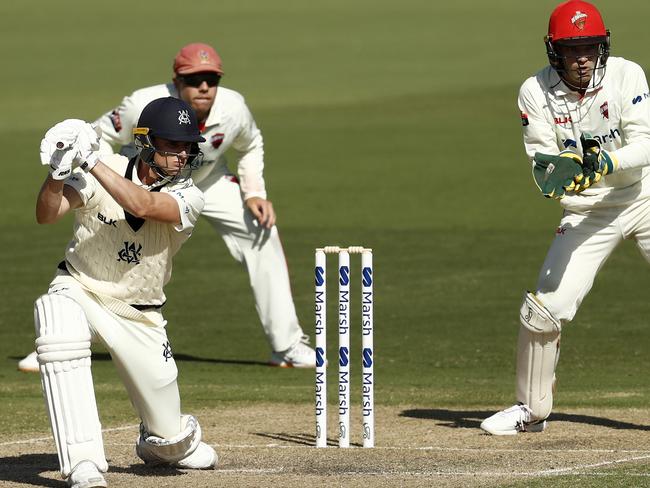 James Seymour batting for the Vics against South Australia in a Sheffield Shield match at the Junction Oval.