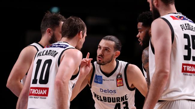 Chris Goulding of United speaks to his team during the Round 17 NBL match between the Adelaide 36ers and the Melbourne United at the Titanium Security Arena in Adelaide, Sunday, February 10, 2019. (AAP Image/Kelly Barnes) NO ARCHIVING, EDITORIAL USE ONLY