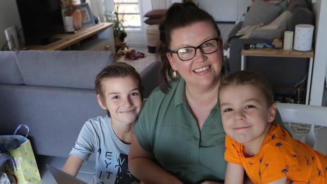 Kate Armstrong and her sons, Jack 11 and Hayden 7, who she is helping to learn at home, has created an online resource to help parents and raise money for GIVIT. Picture Glenn Hampson.