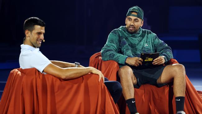 Nick Kyrgios interviewed but didn’t play against Novak Djokovic at the Australian Open. Picture: Mark Stewart