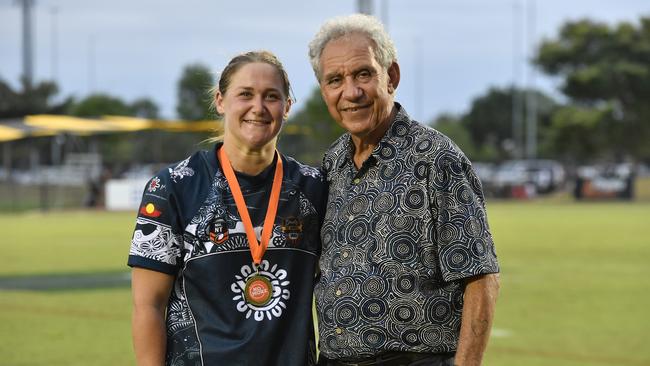 Territory All Stars captain Shae Muhleisen, with Charlie King, after winning the 2023 Deadly Cup Carnival women’s match. Picture: Pema Tamang Pakhrin