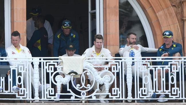 Steve Smith watches from the Lord’s balcony during day four of the second Test. Picture: Getty Images