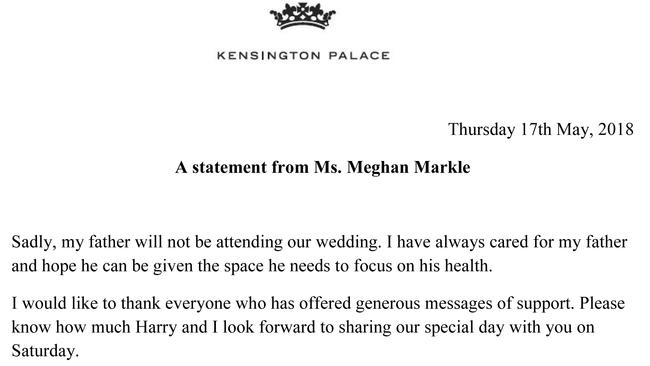 A statement released by Kensington Palace from Meghan Markle last Thursday. Picture: AP