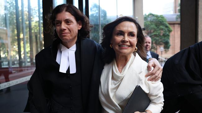 Lisa Wilkinson, with barrister Sue Chrysanthou SC, leave court on Monday.