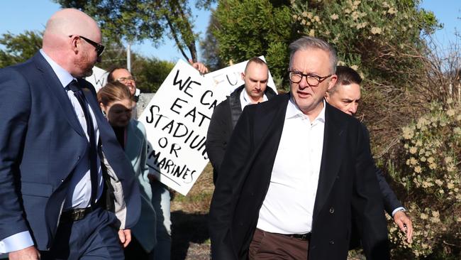 Prime Minister Anthony Albanese in Hobart in relation to funding for a stadium at Macquarie Point. Picture: Nikki Davis-Jones