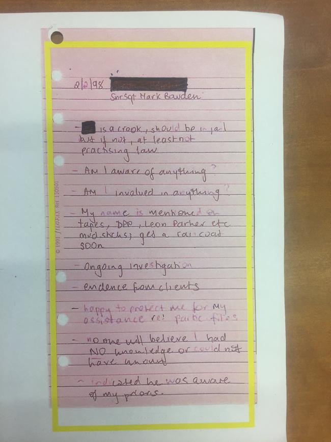 The diary entry from Nicola Gobbo detailing a meeting with police. Picture: Supplied