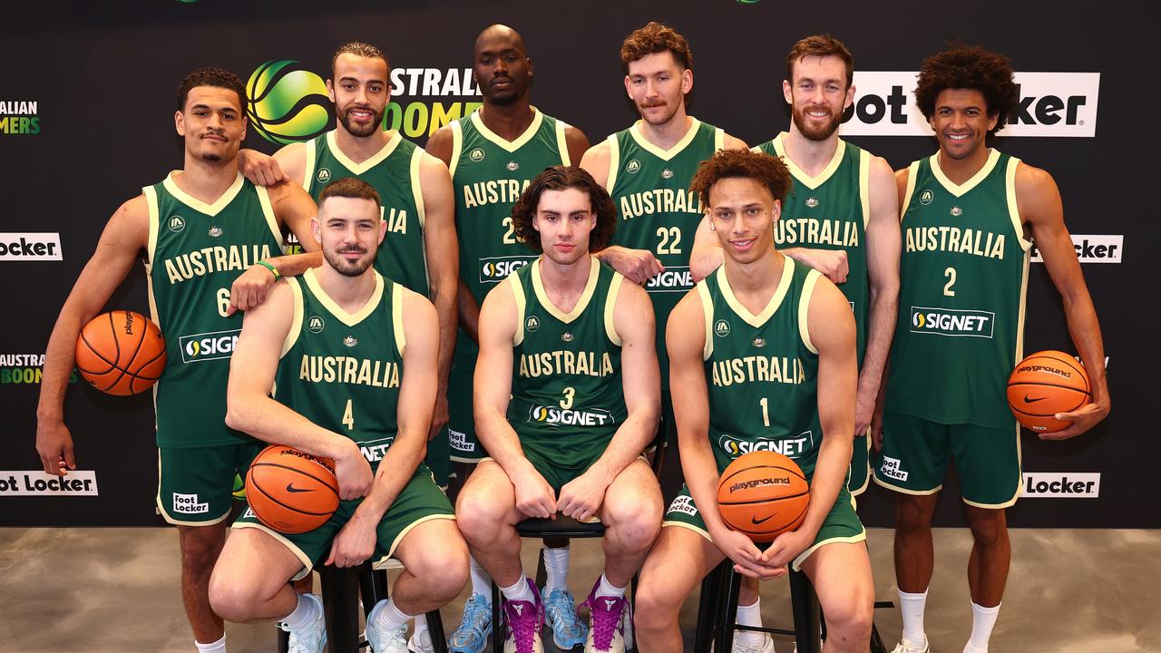 Australian Boomers players (Back row) Josh Green, Xavier Cooks, Duop Reath, Will Magnay, Nick Kay, Matisse Thybulle, and (front row) Chris Goulding, Josh Giddey, Dyson Daniels pose at an in-store appearance at QV Shopping Centre on June 28, 2024 in Melbourne, Australia. (Photo by Quinn Rooney/Getty Images)