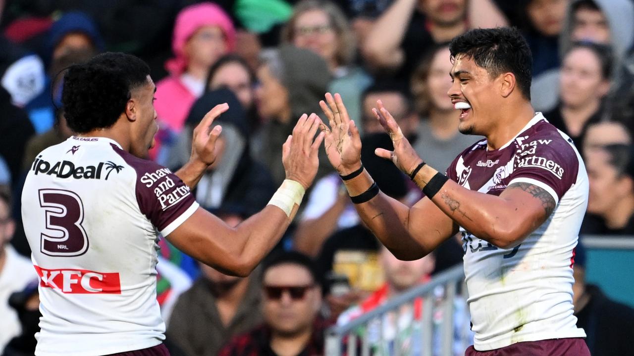 Tommy Talau is having a terrific season on the left edge for Manly. Picture: Hannah Peters/Getty Images