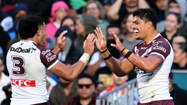 Tommy Talau is having a terrific season on the left edge for Manly. Picture: Hannah Peters/Getty Images