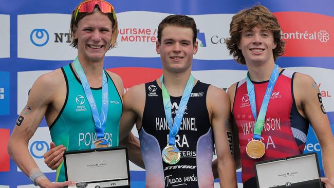 Toby Powers (left) placed silver in the Junior (under 20s) Triathlon World Championships race in Montreal, Canada, on June 24. Photo Source: Triathlon Queensland, Facebook. Photo Credit: World Triathlon.