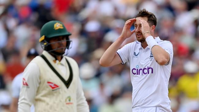 Reunited? Ollie Robinson reacts after a delivery to first-innings nemesis Usman Khawaja. Picture: Getty