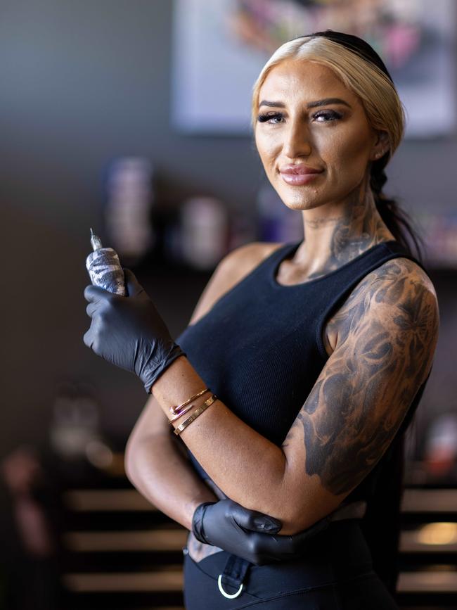 OnlyFans star and tattoo artist Montanan Daniel at Mystery Ink at Semaphore. Picture: Kelly Barnes