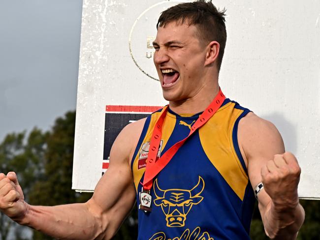 Noble Park captain Kyle Martin celebrates after winning the EFL Premier Division Grand Final between Rowville and Noble Park in Melbourne, Saturday, Sept. 17, 2022. Picture: Andy Brownbill