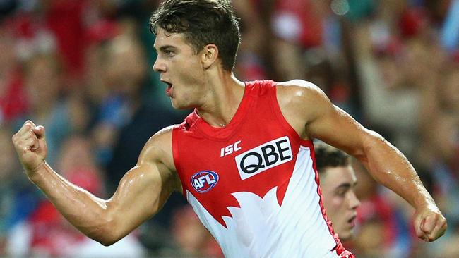 Tom Papley celebrates a goal in his AFL debut against Collingwood. Picture: Getty Images