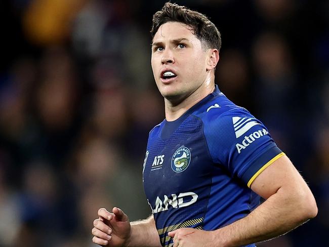 SYDNEY, AUSTRALIA - JUNE 15: Mitchell Moses of the Eels looks on during the round 15 NRL match between Parramatta Eels and Sydney Roosters at CommBank Stadium, on June 15, 2024, in Sydney, Australia. (Photo by Brendon Thorne/Getty Images)