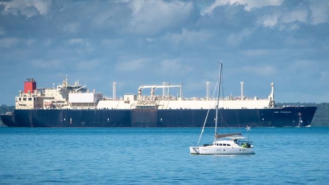 The Levanter sits in Fannie Bay in quarantine as the LNG Pioneer passes in the background. Picture: Che Chorley