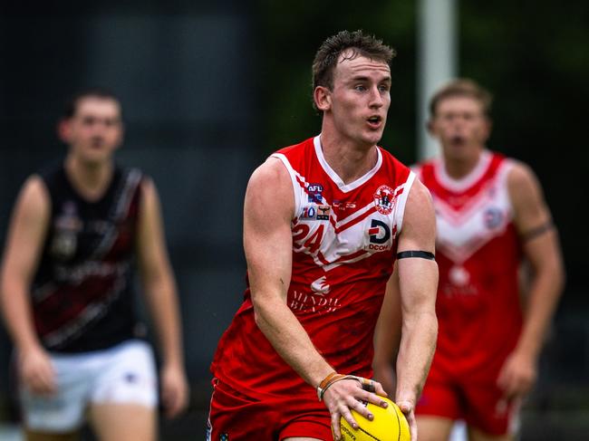 Tanner Lovell playing for Waratah in the 2024-25 NTFL season. Picture: Patch Clapp / AFLNT Media