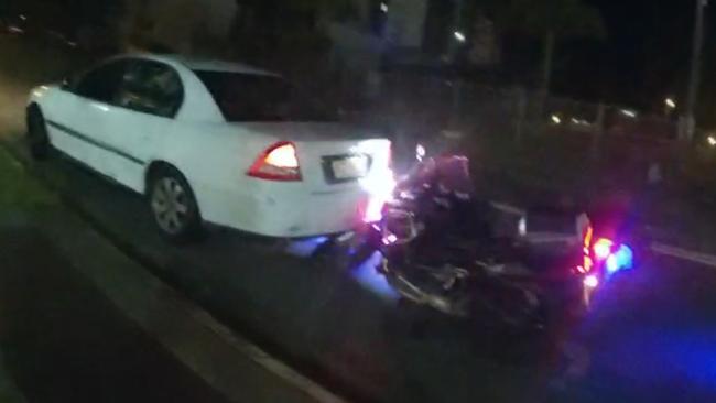 Police motorbike rammed at Southport. Picture: Queensland Police Service