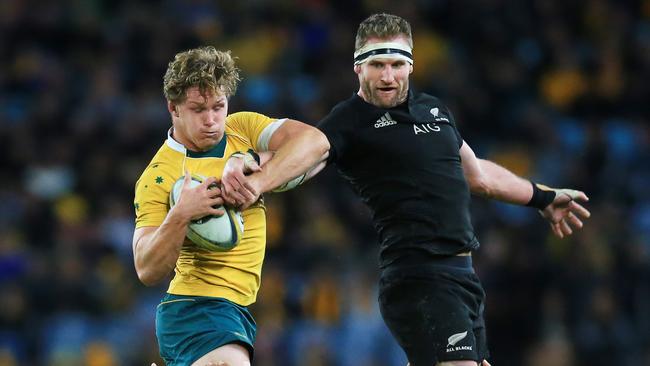 Michael Hooper wins a rare lineout ball for Australia against the All Blacks. Pic Mark Evans