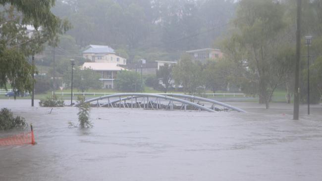 The Coombes Bridges under water as the Condamine River spills over in Warwick. Picture: Tessa Flemming / Warwick Daily News