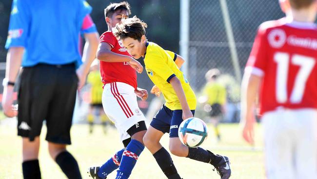 SOCCER: Junior football carnival, Maroochydore. Moreton Bay United V Gold Coast United FC, U12 boys. Picture: Patrick Woods.