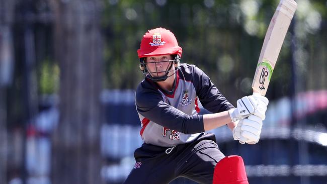 Prince Alfred captain Harry Matthias in action during the Messenger Bowl Twenty20 final against Scotch. Matthias was one of the Reds’ best. Picture: Sarah Reed