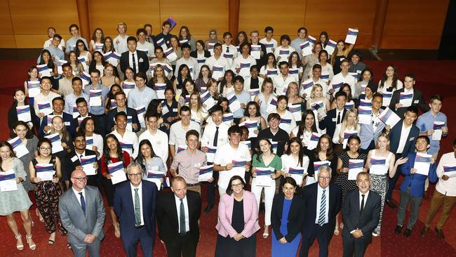 HSC Course First Place achievers pose for a group photo with Premier Gladys Berejiklian, Education Minister Sarah Mitchell and Education Department Leaders. HSC First in Course Presentation. Picture: John Appleyard