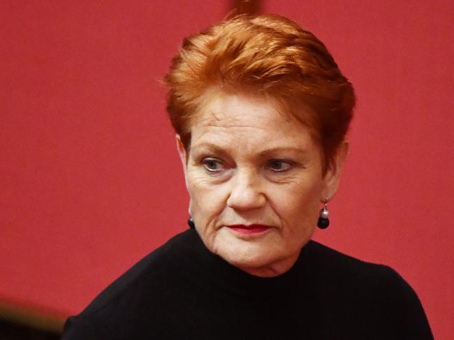 One Nation leader Senator Pauline Hanson in the Senate chamber at Parliament House in Canberra, Tuesday, March 27, 2018. Minister for Finance Senator Mathias Cormann announced the government cannot pass the company tax cut bill. (AAP Image/Mick Tsikas) NO ARCHIVING