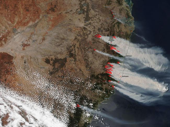 Satellite view of NSW bushfires. Picture: JPSS/AAP