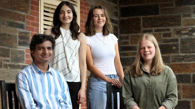 Glenunga High’s IB graduates Rishab Sridhar, Tara Roberts, Caitlin West, and Melissa Campbell. Picture: Dean Martin