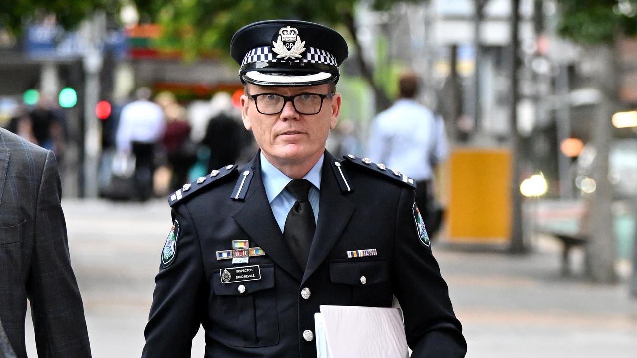 Queensland Police Inspector David Neville leaves after giving evidence to the commission of inquiry into forensic DNA testing at the Magistrates Court in Brisbane on Tuesday. Picture: NCA NewsWire / Dan Peled