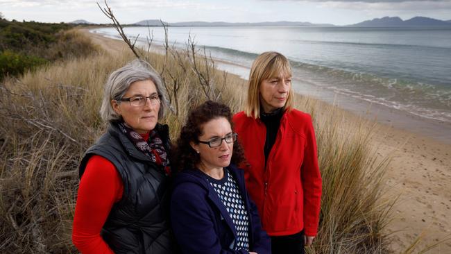 Sophie Underwood (centre), of Freycinet Action Network, with Anne Held and Jennie Churchill, of the East Coast Alliance, who are campaigning against the Cambria Green proposal on Tasmania’s East Coast. Picture: Peter Mathew