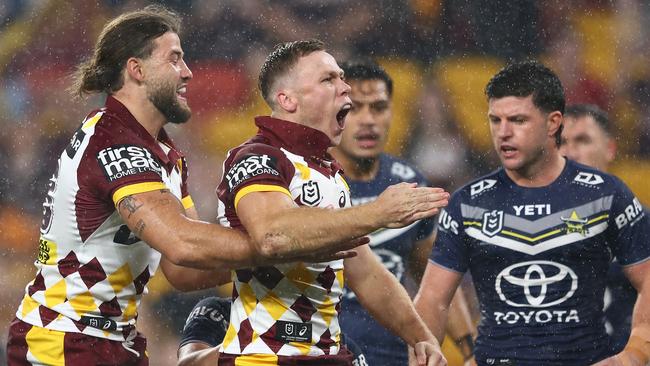 BRISBANE, AUSTRALIA - MARCH 29: BillyÃÂ Walters of the Broncos celebrates a try during the round four NRL match between Brisbane Broncos and North Queensland Cowboys at Suncorp Stadium, on March 29, 2024, in Brisbane, Australia. (Photo by Chris Hyde/Getty Images)