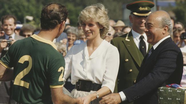 Diana, Princess of Wales with Prince Charles and Mohamed al-Fayed during the Harrods Polo Cup at Smith's Lawn in Windsor 1987. Picture: Getty Images.