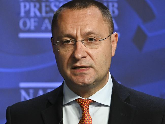 CANBERRA, AUSTRALIA, NewsWire Photos. FEBRUARY 28, 2024: Ukrainian Ambassador to Australia, Vasyl Myroshnychenko, and co-chair of the Australian Federation of Ukrainian Organisations, Kateryna Argyrou address the National Press Club in Canberra, two years after Russia's invasion of Ukraine. Picture: NCA NewsWire / Martin Ollman