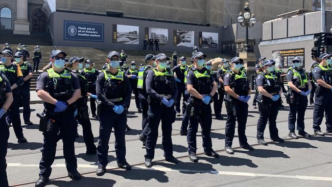 There is a large police presence at the protest. Picture: Brianna Travers