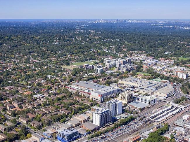 Aerial shot of Hornsby CBD.