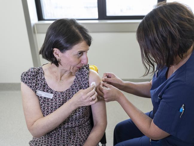 SYDNEY, AUSTRALIA - MARCH 10: New South Wales PremierÃÂ GladysÃÂ Berejiklian receives the AstraZeneca vaccine at at St George Hospital in Kogarah on March 10, 2021 in Sydney, Australia. NSW will begin administering the AstraZenica COVID-19 vaccine across the state from today, with vaccination hubs at St George and Hornsby Hospitals with frontline workers, healthcare staff and vulnerable persons to receive injections as a priority. The AstraZenica coronavirus vaccine is administered in two doses, 12 weeks apart. (Photo by Brook Mitchell/Pool/Getty Images)