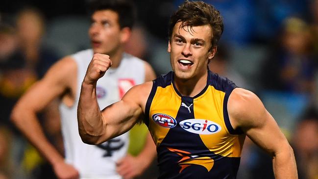 Luke Partington celebrates a goal for West Coast in 2017. He was delisted by the Eagles last month. Picture: Daniel Carson/AFL Media/Getty Images.