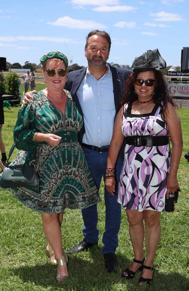 MELBOURNE, AUSTRALIA – DECEMBER 8 2024 Kerrie Harvey, Chris Papas and Arlene Frankson attend the Werribee Cup in Werribee on December 8th, 2024. Picture: Brendan Beckett