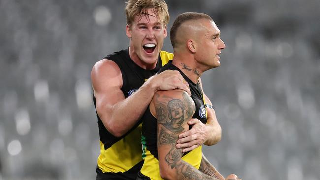 Tom Lynch and Dustin Martin celebrate a goal in Round 1. Picture: Michael Klein