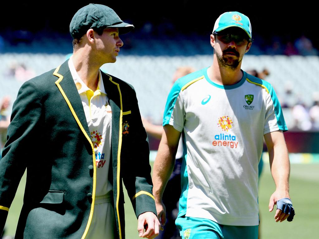The new leadership team of Steve Smith (L) and Travis Head set to take the reins for Australia in the Adelaide Test. Picture: William West/AFP