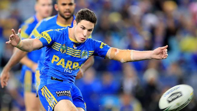 Mitchell Moses kicks the winning field goal in golden point extra time during the NRL round 17 game between the Parramatta Eels and the Canterbury Bulldogs at ANZ Stadium, Sydney. pic Mark Evans