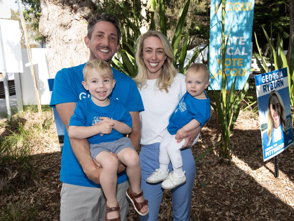 Liberal candidate Georgia Ryburn Saturday. urn, with Indy, 1, and husband Mike Ryburn, with Harvey, 2, at the Mona Vale Memorial Hall for the Pittwater by-election Picture: Daily Telegraph / Brendan Read