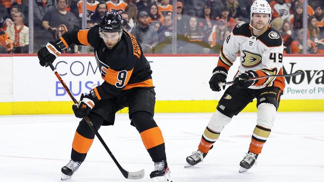 Ivan Provorov (L) boycotted his team’s pride-themed warmup against the Anaheim Ducks, citing religious grounds. (Photo by Tim Nwachukwu/Getty Images)